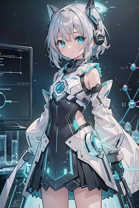 (masterpiece), (science fiction:1.4), 1girl, standing, smile, silver hair, aqua eyes, headgear, long sleeves, detached sleeves, glowing energy clothing, light particles