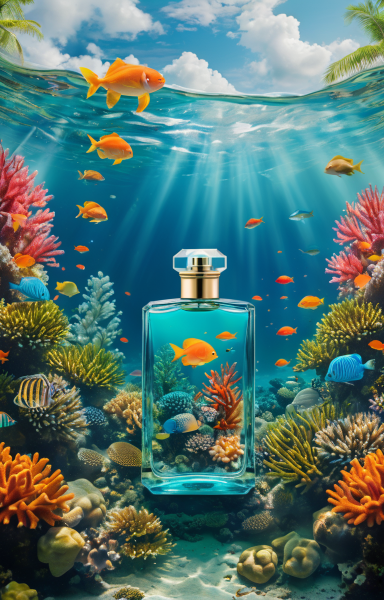 masterpiece,best quality,<lora:tbh341-sdxl:0.75>,illustration,style of underwater sea life A bottle of perfume in garden