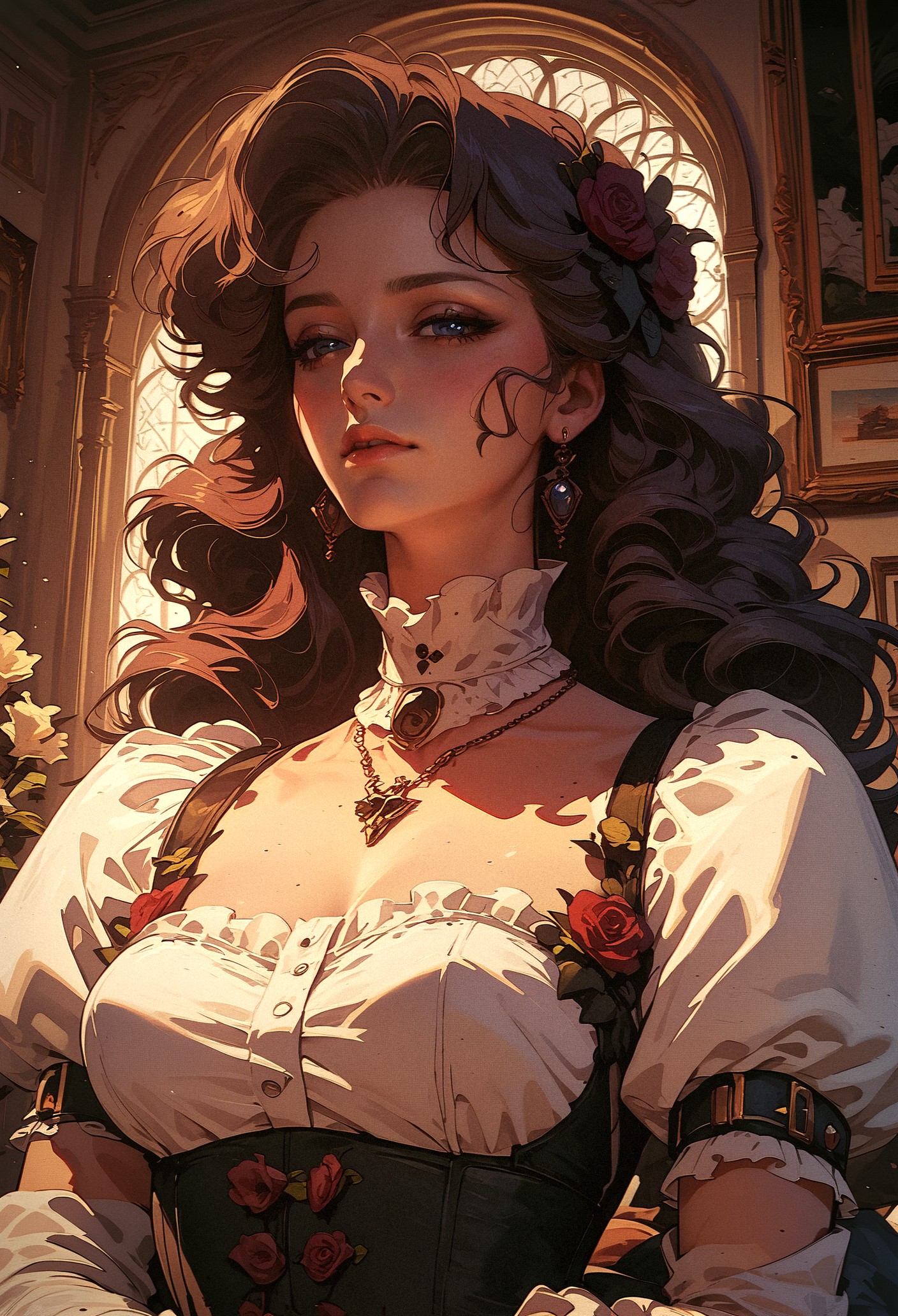 score_9, score_8_up, score_7_up,  an image of a woman in a dress with a necklace on her neck, victorian, a detailed painting, intricate  <lora:pony/twilight_style:0.8> concept art, <lora:pony/expressiveh:0.8> expressiveh, <lora:pony/kenva:0.7> knva, halftone effect, retro artstyle
