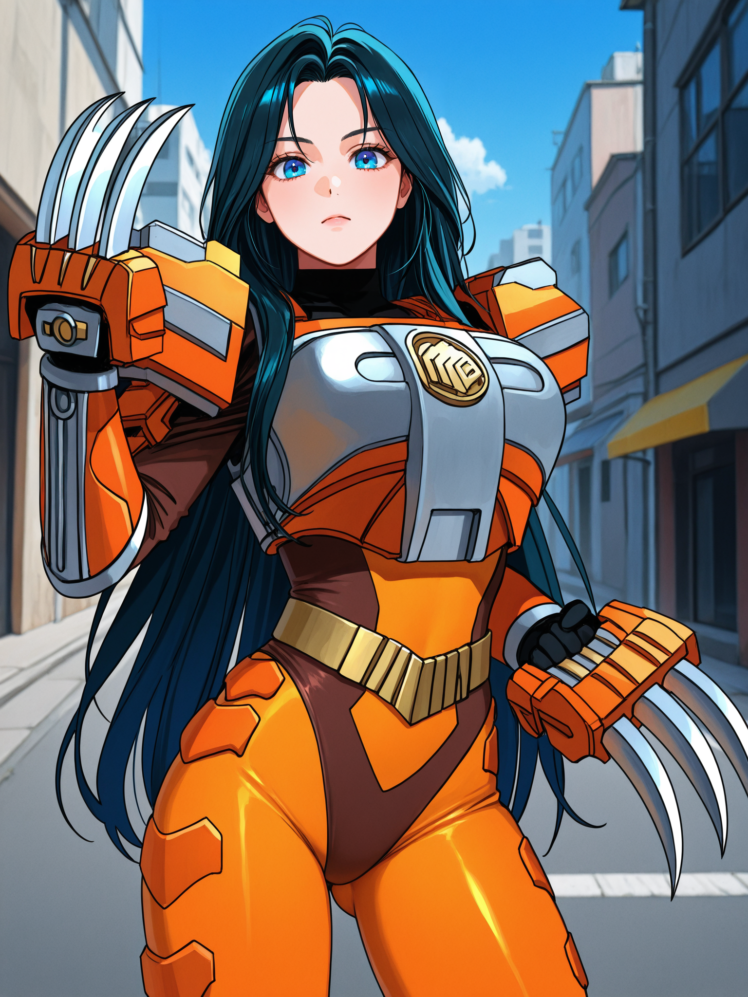 1girl, solo, sazervisuel, orange bodysuit, brown leotard, belt, armor, gauntlets, black gloves, claw \(weapon\), <lora:Sazer_Visuel:1>, BREAK,
black hair, parted bangs, hair intakes, very long hair, blue eyes, BREAK,
fighting pose, staring, looking at viewer, cowboy shot, ass visible through thighs, BREAK,
outdoors, city, street
