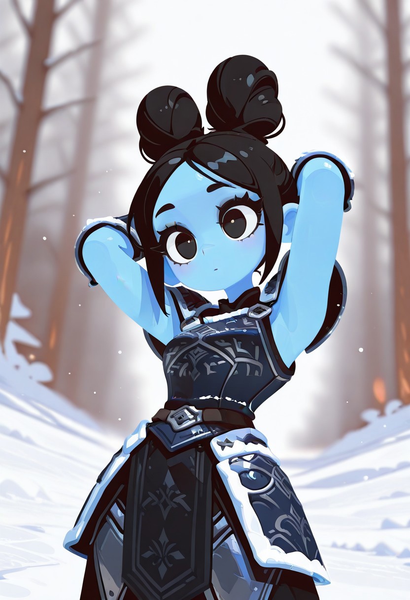 fabulosity_style, best quality, no lineart, no outline, flat color, blurry background, depth of field, thick eyelashes, 1girl, black eyes, hair buns, black hair, blue skin, snow, armor, arms behind head, tilted angle