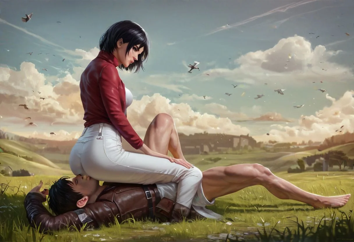 Femdom, girl on top, Mikasa Ackerman pins Eren against the floor in a field of grass with a village in the background , 1girl (mikasa Ackerman, strong, dominant female, on top fit, very dominant, white romper ), 1boy (eren, defeated, bottom, submissive male, loser) score_9, score_8_up, highly detailed, realistic, full body portrait, hetero, fFaceDetail