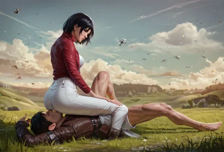 Femdom, girl on top, Mikasa Ackerman pins Eren against the floor in a field of grass with a village in the background , 1girl (mikasa Ackerman, strong, dominant female, on top fit, very dominant, white romper ), 1boy (eren, defeated, bottom, submissive male, loser) score_9, score_8_up, highly detailed, realistic, full body portrait, hetero, fFaceDetail