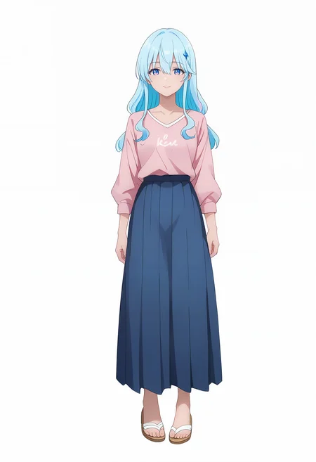 score_9_up,score_8_up,score_7_up,<lora:Lily AOI v1.0_pony-000030:1>,
solo,1girl,smile,
MCL_LA,multicolored hair,blue hair,hair between eyes,blue eyes,
looking at viewer,long hair,closed mouth,simple background,collarbone,white background,full body,feet out of frame,
blue skirt,pink shirt,long skirt,blue skirt,pleated skirt