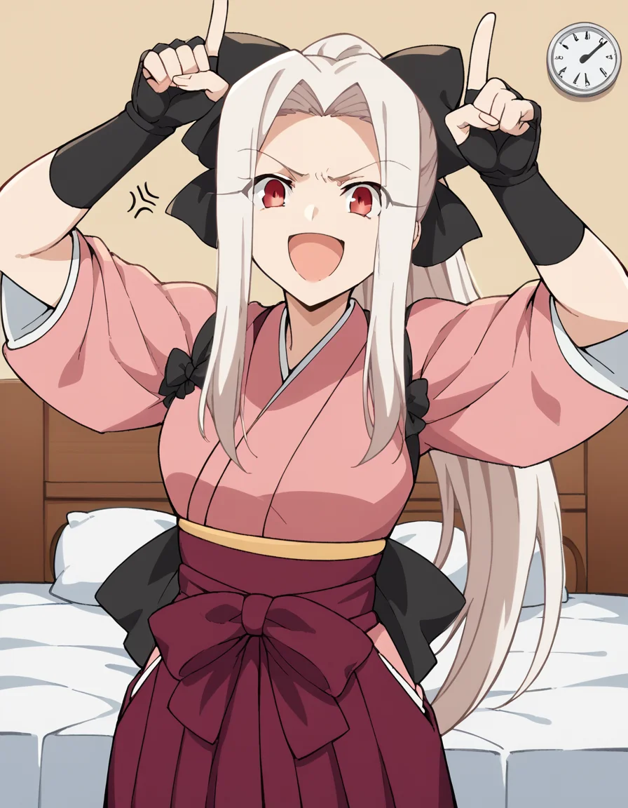 score_9, score_8_up, score_7_up, source_anime, <lora:irisviel-von-einzbern-zero-anime-ponyxl-lora-nochekaiser:1>, irisviel von einzbern, long hair, red eyes, white hair, parted bangs, hair intakes, mature female,, bow, ponytail, hair bow, japanese clothes, kimono, sash, hakama, purple hakama, gloves, pink kimono, hakama skirt, black bow,, bedroom, alarm clock, morning routine, yawning, stretching, on bed, smile, <lora:horns-pose-ponyxl-lora-nochekaiser:1>, horns pose, index fingers raised, angry, steam, open mouth, shouting, anger vein,, looking at viewer, solo,, dutch angle, cowboy shot