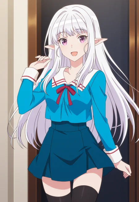 <lora:Mariabelle_illustrious-000040:1>,Mariabelle_one,solo,pointy ears,purple eyes,long hair,open mouth,smile,white hair,looking at viewer,school uniform,:d,blue shirt,long sleeves,darkblue skirt,black thighhighs,cowboy_shot