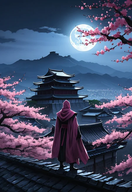 concept art, wide angle shot, A stealthy pink ninja, in the cloak of shadows, (((descending on roof))), cherry blossom tree, in an ancient fortress, weathered stone walls, mount fugi in distant horizon, at night, fog, full moon. high quality, highres:1.1, aesthetic), detailed, extremely detailed, 4K, detailed background