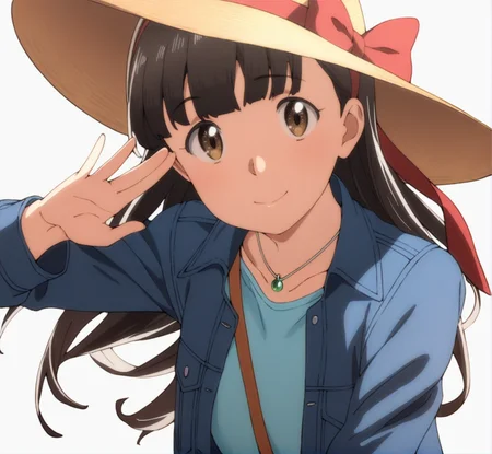 masterpiece, best quality, score_9,
<lora:Hitomi_hinamatsuri_v11:1>, hitomi_il, 1girl, solo, brown_hair, bangs, hair_between_eyes, brown_eyes, hair_ribbon, long_hair, denim_jacket, blue_shirt, green_pendant, strap, upper body, white background, simple background, looking at viewer, , facing viewer