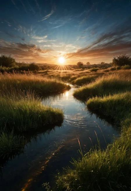 A photo of A celestial plain where the wind forms visible streams of light that weave through the grass, creating an otherworldly, glowing landscape. pond in the foreground, Earth, wind and fire