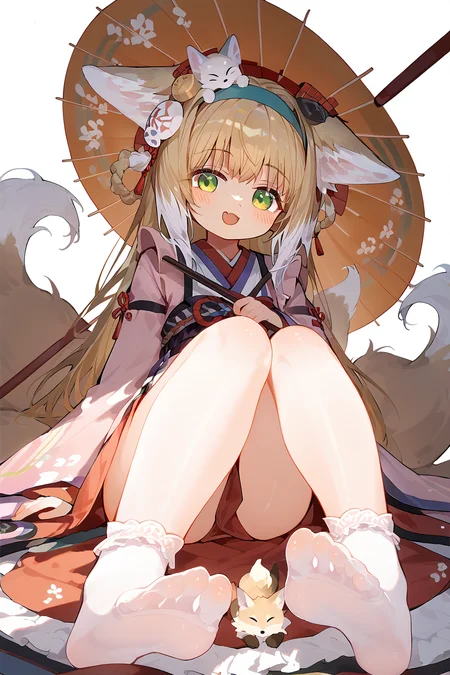 score_9,score_8_up,score_7_up,<lora:linlan(Arknights)-v1:1>,linlan(Arknights),1girl,japanese_clothes,lace-trimmed_legwear,cute face,japanese aesthetic,incredibly absurdres,Cinematic Lighting,whole body,curvy,very beautiful,animal ears,blonde hair,umbrella,japanese clothes,tail,green eyes,fox tail,fox ears,kitsune,long hair,white background,kimono,fox girl,multiple tails,socks,oil-paper umbrella,looking at viewer,bangs,holding,simple background,solo,full body,animal ear fluff,on head,fox,holding umbrella,hairband,smile,wide sleeves,animal,frills,:d,apron,no shoes,multicolored hair,white socks,soles,animal on head,long sleeves,open mouth,sitting,hair ornament,red umbrella,sash,feet,very long hair,blush,white hair,blue hairband,fang,