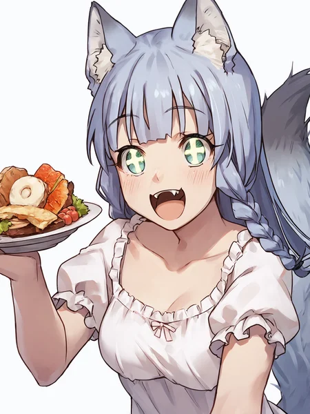 score_9, score_8_up, score_7_up, score_6_up, source_anime, masterpiece, best quality, BREAK, 1girl, white background:1.2, simple background, <lora:Shigure_PDXLv1:0.8> shigure \(kemono michi\), wolf tail, wolf girl, white nightgown, puffy short sleeves, cross-shaped pupils, looking at food, food, happy,