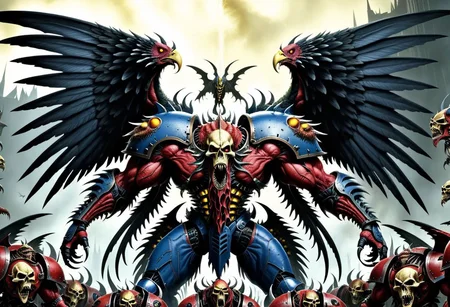 a terrifying monstrosity with many wings and multiple heads,scene from warhammer 40k