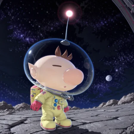 Man on moon, space, PikminOlimarXL, pink nose,   <lora:PikminOlimarXL:0.7>, (anime, masterpiece, intricate:1.3), (best quality, hires textures, high detail:1.2), (4k),(incredibly detailed:1.4),UHD, 8K, ultra detailed