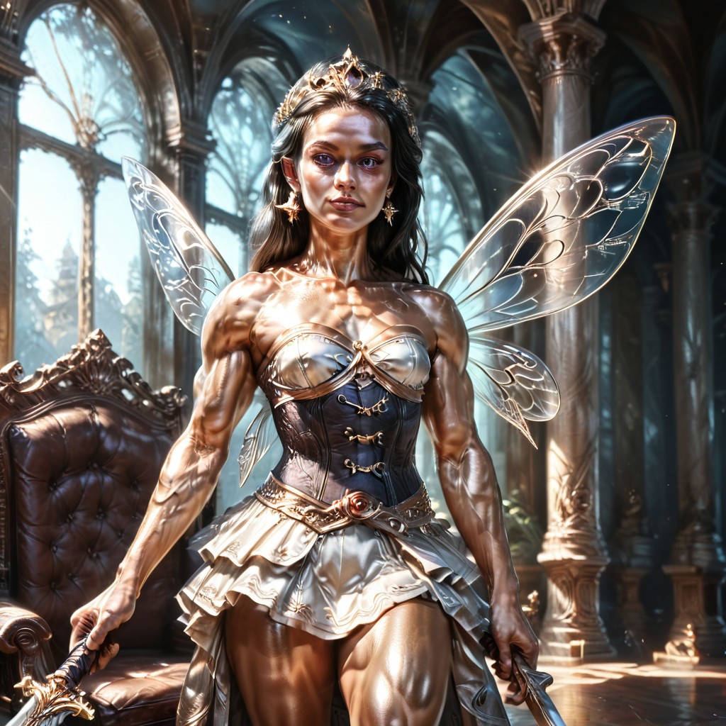 Action scene, detailed, photo realistic, hyper realistic, score_9, rating_safe, solo ((arch fey, violet eyes, (beautiful woman, white underbust corset, skirt, pants, sword belt, and holding a sword), (huge muscles, small petite breasts, muscular thighs, muscular biceps, muscular shoulders, toned abs), ((bronze metallic gold skin ral-polishedsteel)), (fairy wings), (long black hair))), (standing next to a multicolored crystal throne, in a detailed throne room filled with treasures, detailed lighting), hi res, hi quality, 4k, concept art, digital art, realistic, detailed background, lens flare, pixel art, piratical beauty, great lighting