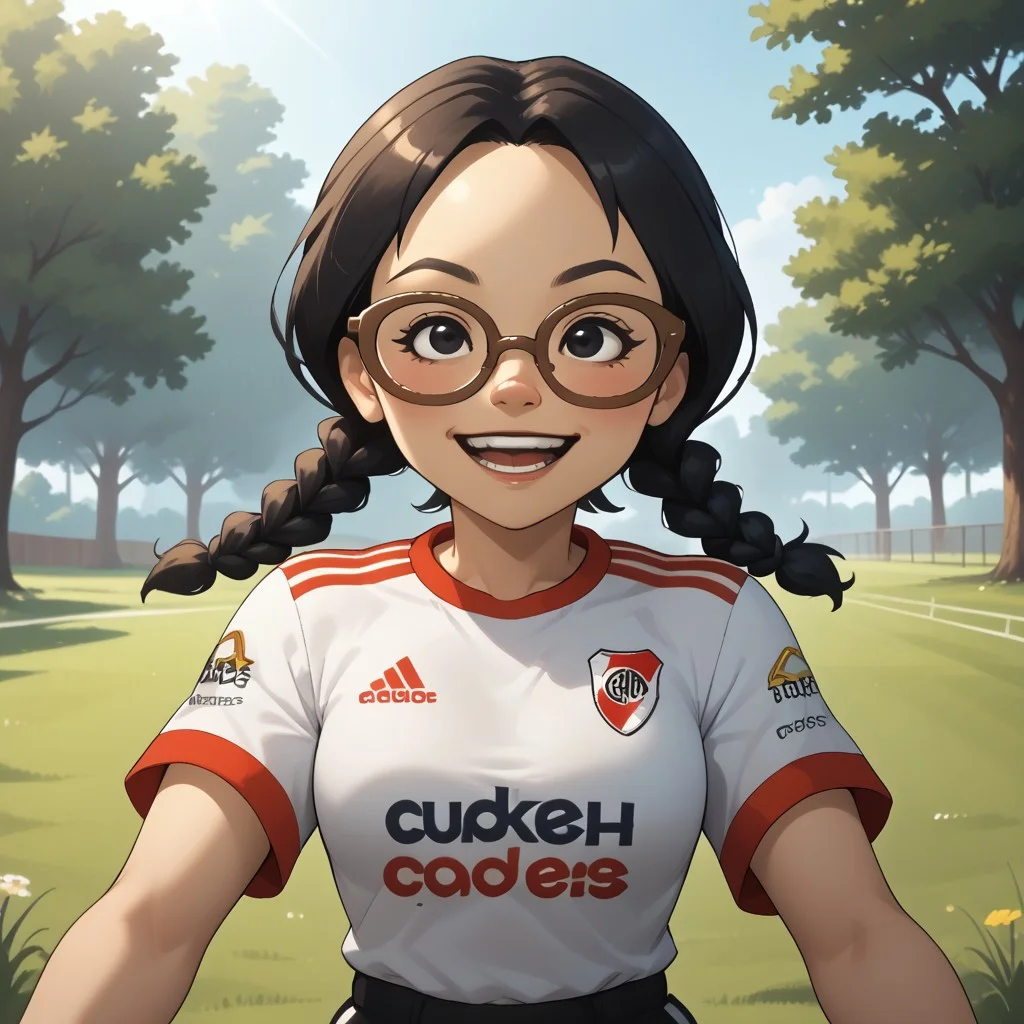 score_9, score_8, BREAK, solo, mii, wii, black eyes, brown glasses, small nose, half circle nose, big mouth, open mouth, teeth, mole under mouth, black hair, low braids, RiverPlate, striped shirt, striped, shirt, white shirt, short sleeves, clothes writing, sportswear, soccer uniform, black pants, shoes, blush, 1girl, female mii, cute, medium breasts, keiko_(\Wii_Sports\), wii Sports, Nintendo Mii, modern_mii, classic_mii, sexy pose, self portrait, smile, outdoors, sunlight, shadows, evening lighting, natural lighting, forest, trees, grass, orange sky, sunset