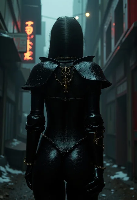 Gothic-inspired art featuring a figure in detailed, medieval-style armor with gold accents, standing in a dark, moody cyberpunk cityscape. The high contrast and dramatic lighting create a richly textured, atmospheric scene, with sharp shadows and intricate details. The composition is captured with no depth of field, ensuring every element is sharply defined.