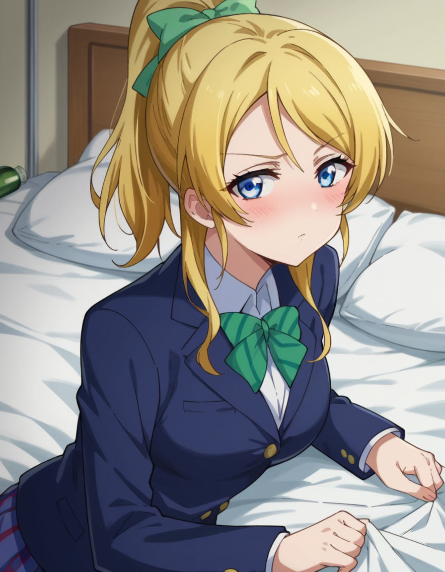 score_9, score_8_up, score_7_up, source_anime,
eliayase, <lora:eli-ayase-s1-ponyxl-lora-nochekaiser:1>,
eli ayase, yellow hair, blue eyes, ponytail, hair ribbon,
skirt, school uniform, jacket, blazer, winter uniform, otonokizaka school uniform,
indoors, bed, bed room, on side, blush, drunk,
looking at viewer, cowboy shot, dutch angle,
