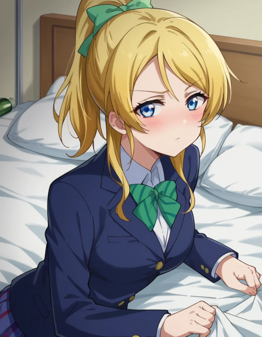 score_9, score_8_up, score_7_up, source_anime,
eliayase, <lora:eli-ayase-s1-ponyxl-lora-nochekaiser:1>,
eli ayase, yellow hair, blue eyes, ponytail, hair ribbon,
skirt, school uniform, jacket, blazer, winter uniform, otonokizaka school uniform,
indoors, bed, bed room, on side, blush, drunk,
looking at viewer, cowboy shot, dutch angle,