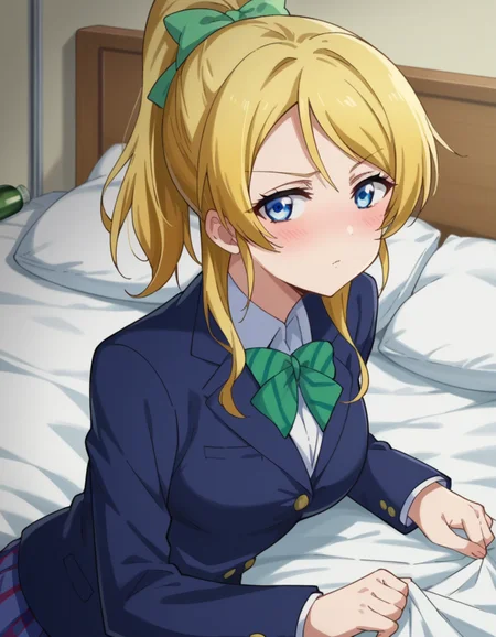 score_9, score_8_up, score_7_up, source_anime,
eliayase, <lora:eli-ayase-s1-ponyxl-lora-nochekaiser:1>,
eli ayase, yellow hair, blue eyes, ponytail, hair ribbon,
skirt, school uniform, jacket, blazer, winter uniform, otonokizaka school uniform,
indoors, bed, bed room, on side, blush, drunk,
looking at viewer, cowboy shot, dutch angle,