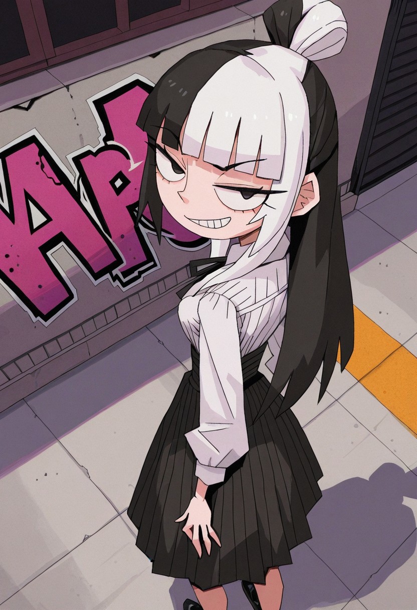 masterpiece, best quality, very aesthetic, 0huton_illu,
solo, from above, looking back, [standing], hands on own knees, smirk, grin,
virgin_killer_outfit, streetwear,
split-color hair, black hair, white hair, topknot, long hair,
asphalt, graffiti