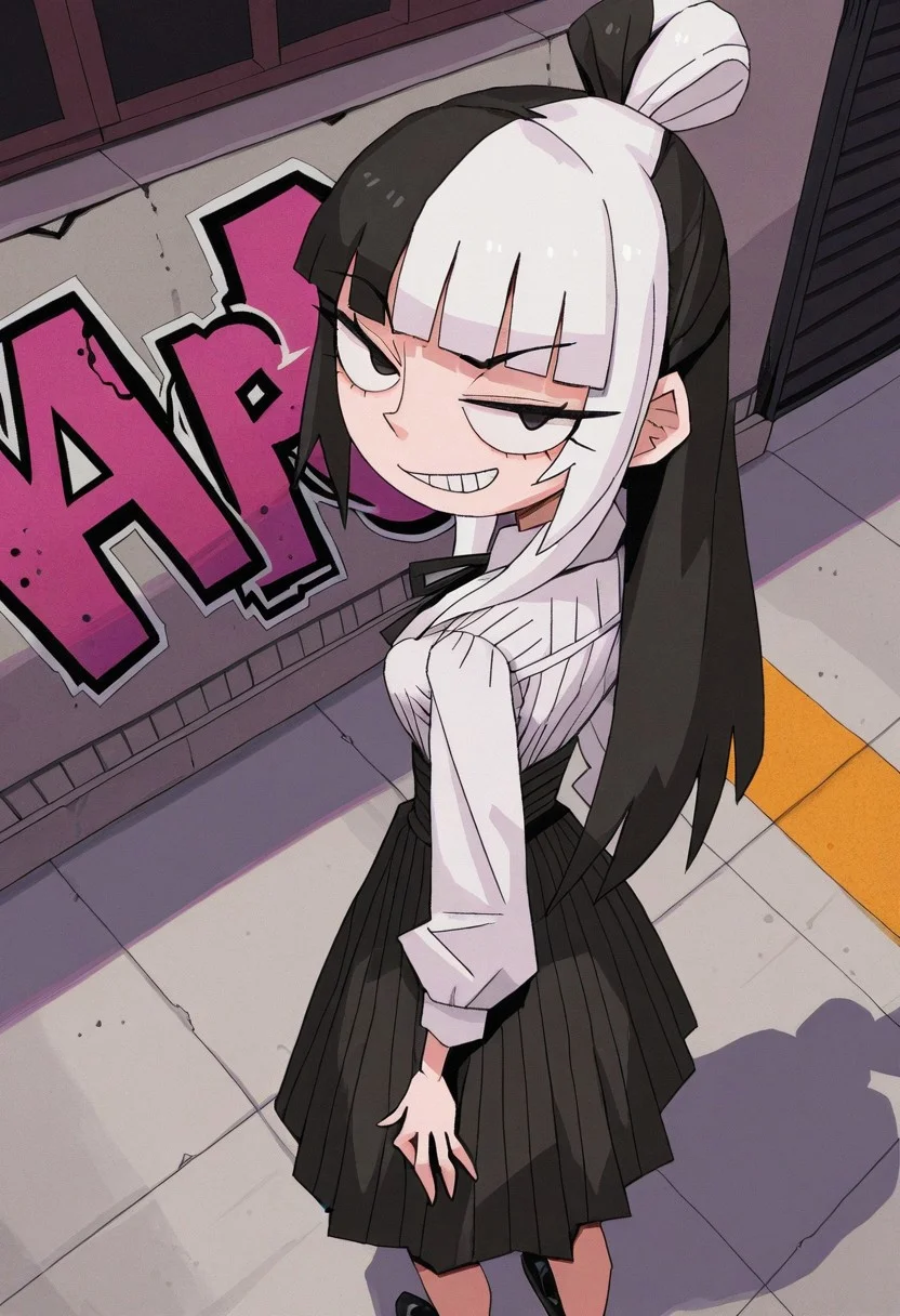 masterpiece, best quality, very aesthetic, 0huton_illu,
solo, from above, looking back, [standing], hands on own knees, smirk, grin,
virgin_killer_outfit, streetwear,
split-color hair, black hair, white hair, topknot, long hair,
asphalt, graffiti