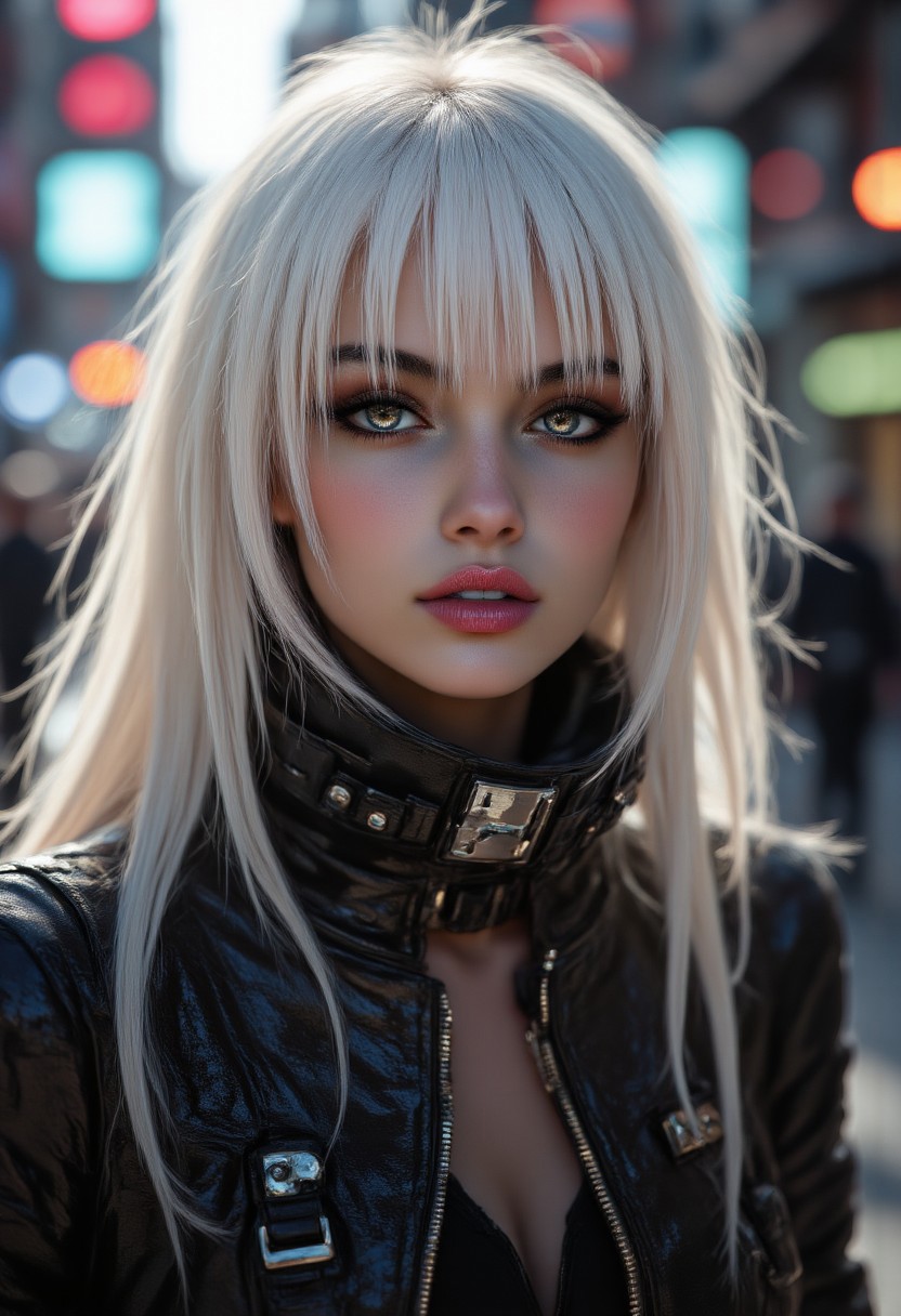 Cyber Beauty, japanese woman with tanned skin, dark eyeshadow, red lips, cyberpunk jacket, long platinum hair, bangs, sidelocks