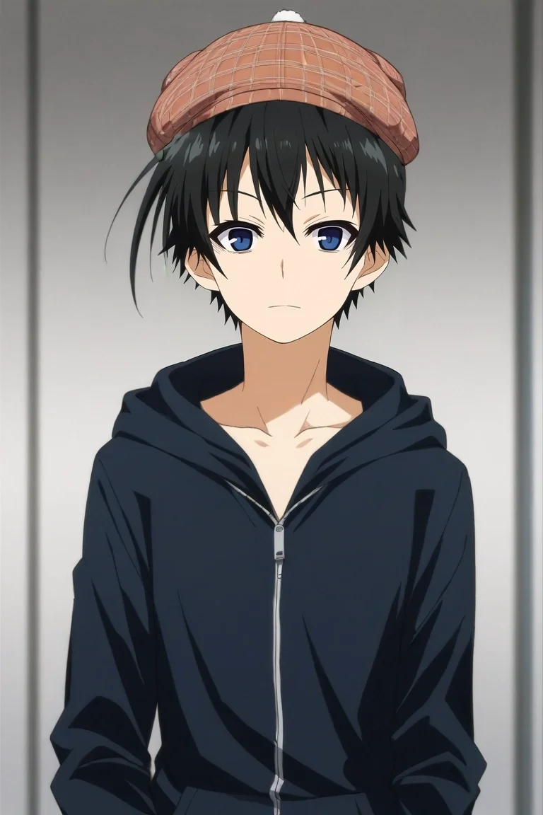 score_9, score_8_up, score_7_up, source_anime, rating_safe, , anime screencap, anime coloring, , looking at viewer, depth of field, 1boy, solo, male focus, <lora:misogi_kumagawa_pony:0.98>, misogi_kumagawa, black hair, blue eyes, short hair, ahoge, , zip-up hoodie, pork pie hat, <lora:sdxl_lightning_8step_lora:1>