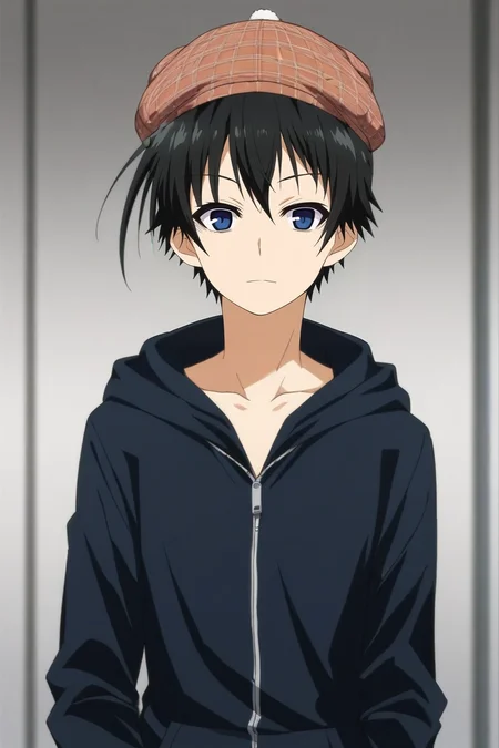 score_9, score_8_up, score_7_up, source_anime, rating_safe, , anime screencap, anime coloring, , looking at viewer, depth of field, 1boy, solo, male focus, <lora:misogi_kumagawa_pony:0.98>, misogi_kumagawa, black hair, blue eyes, short hair, ahoge, , zip-up hoodie, pork pie hat, <lora:sdxl_lightning_8step_lora:1>