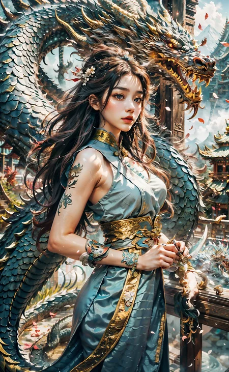 <lora:E_Dragon_Real_Flame:1> , Dragon_Real, Flame Long dragon, Chinese dragon, paws, serpentine body, sharp eyes, ((best quality)), ((masterpiece)), ((realistic)), ((18-year-old girl in Chinese clothes, flowing hair adorned with a beautiful hair ornament, standing amidst flying flower petals with a majestic dragon wrapped around her)), Haircut model by Choppy layers, possed is Standing in the doorway pose, sharp grey-blue, shooting angle is Bird's-eye view,
Be mesmerized by the enchanting sight of an 18-year-old girl donned in elegant Chinese attire, her flowing hair gracefully embellished with a captivating hair ornament. As flower petals sway in the wind around her, a majestic dragon wraps its serpentine body around her, creating a scene of mythical allure. Immersed in the deepest jungle river of a rainforest village, the lush greenery and vibrant flora surround them. Runes adorn the landscape, imbuing an air of ancient mysticism. The duo stands atop a mist-covered mountain, where snow-capped peaks reach for the sky. Soft light illuminates the girl's face, casting gentle shadows and capturing her ethereal beauty. Bokeh and distant neon lights add a touch of magic from afar, creating a dreamlike ambiance. The blurry background further enhances the cinematic quality, drawing attention to the splendid and hyper-detailed composition. Prepare to be captivated by the seamless blend of natural elements and fantasy in this artistic masterpiece.