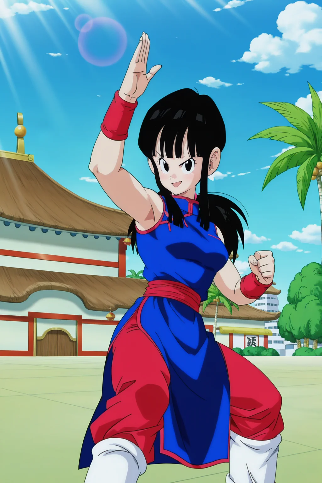 anime screencap, absurdres, high quality, official style,
chi-chi, dragon ball \(classic\), classic outfit, 1girl, solo, long hair, breasts, looking at viewer, smile, open mouth, bangs, black hair, standing, ponytail, :d, sidelocks, white leg warmers, outdoors, sky, sleeveless, day, red pants, cloud, blunt bangs, black eyes, tree, blue sky, v-shaped eyebrows, sash, eyelashes, blue dress, chinese clothes, white footwear, cloudy sky, building, red wristband, china dress, fighting stance, palm tree, (red sash), world martial arts tournament arena, feet out of frame, dappled sunlight, light rays, lens flare,
<lora:Chi_Chi_IL:0.8>