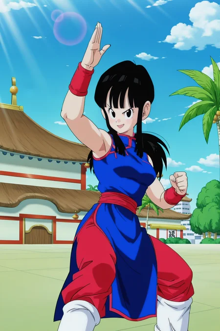 anime screencap, absurdres, high quality, official style,
chi-chi, dragon ball \(classic\), classic outfit, 1girl, solo, long hair, breasts, looking at viewer, smile, open mouth, bangs, black hair, standing, ponytail, :d, sidelocks, white leg warmers, outdoors, sky, sleeveless, day, red pants, cloud, blunt bangs, black eyes, tree, blue sky, v-shaped eyebrows, sash, eyelashes, blue dress, chinese clothes, white footwear, cloudy sky, building, red wristband, china dress, fighting stance, palm tree, (red sash), world martial arts tournament arena, feet out of frame, dappled sunlight, light rays, lens flare,
<lora:Chi_Chi_IL:0.8>