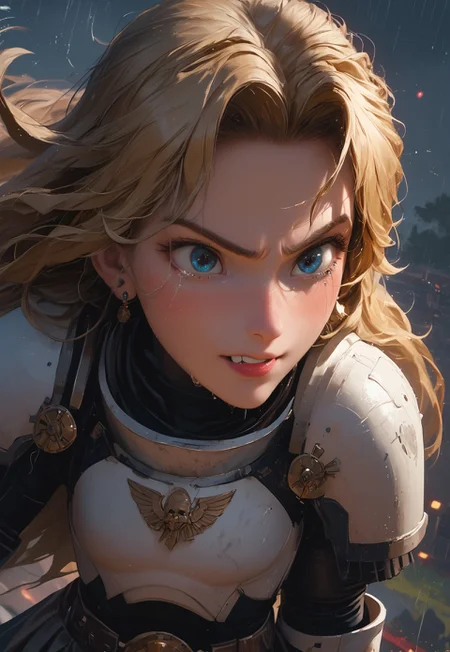 1girl, solo, 24 year old woman, large build, running:1.4, beautiful, long hair, blonde hair, freckles:1.4, face uplifted:1.6, looking up, looking at the sky, earrings, (fierce) grin:1.5, crying:1.5, teeth clenched:1.4, angry smile:1.5, wide hips, knight armor:1.5, heavy armor, gauntlets, greaves, bright blue eyes, rain falling on her face:1.5, tan skin, tears on chin, tears on cheeks, action pose:1.3, perfect teeth,
dusk, after battle, muddy field, some grass, fallen soldiers around her:1.4, storming, dark gray sky, dark sky:1.4, streaming banners, battlefield, intense rain:1.3, dreary, raining, overcast, mountains and hills in the background,
score_9, score_8_up, score_8, masterpiece, best quality, official art, extremely detailed, CG unity 8k wallpaper, absurdres, high definition, photorealism:1.5, detailed shading, high contrast, ambient occlusion, vivid colors:1.5, saturated colors:1.6,
dynamic angle:1.3, cowboy shot, cinematic, from above:1.3, dynamic lighting:1.4,
expressiveh, whites40k, tears,
