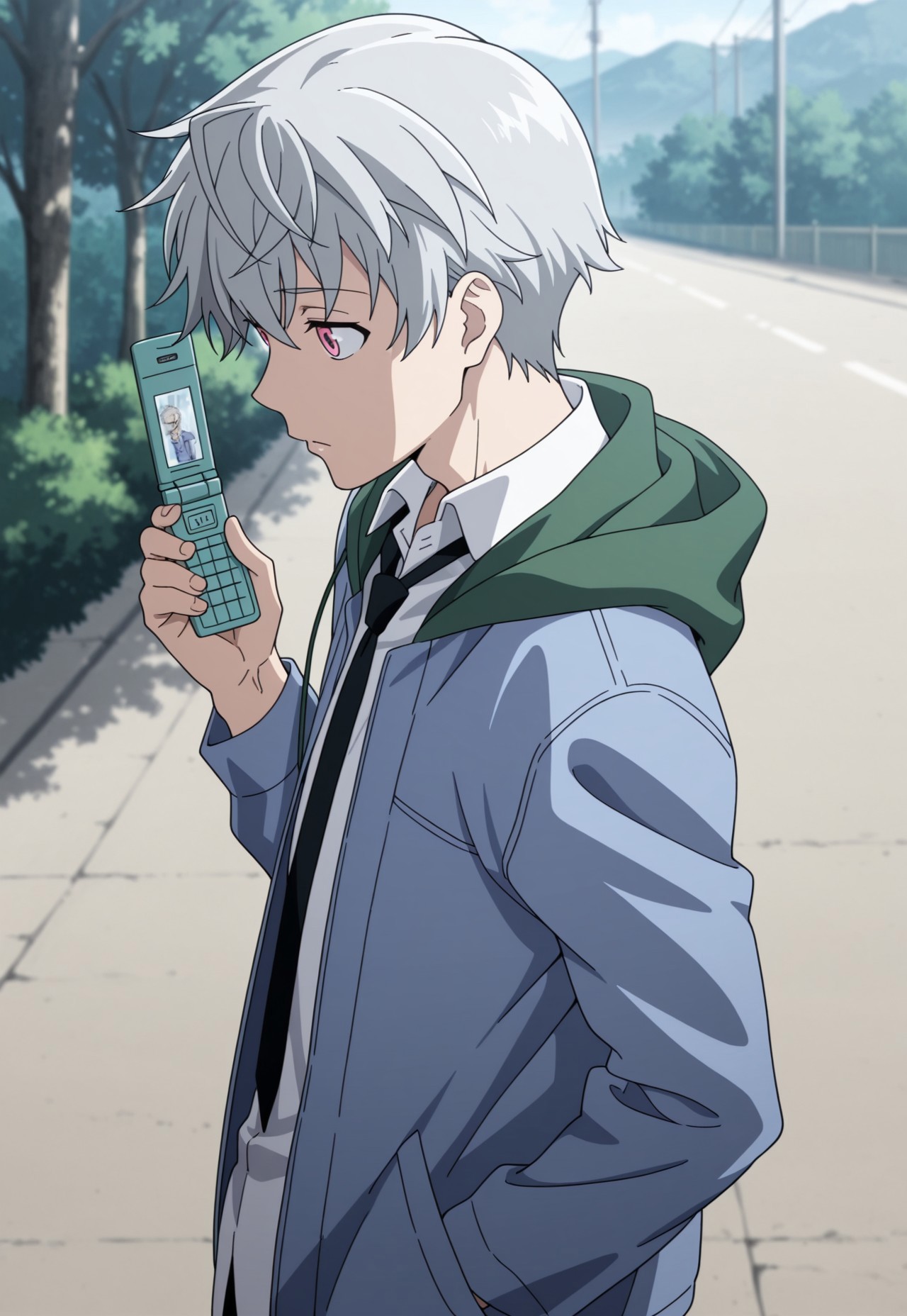 masterpiece,best quality,amazing quality, source_anime, 

aruakise, 1boy, male focus, solo, pink eyes, grey hair, shirt, white shirt, collared shirt, black necktie, jacket, blue jacket, green hood, open jacket, flip phone, outdoor,