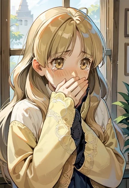 score_9, score_8_up, score_7_up, source_anime, ayesha altugle, long hair, golden eyes, light brown hair, 1girl, solo, covering mouth, tears, anime coloring, blush, hand over own mouth, long sleeves, window