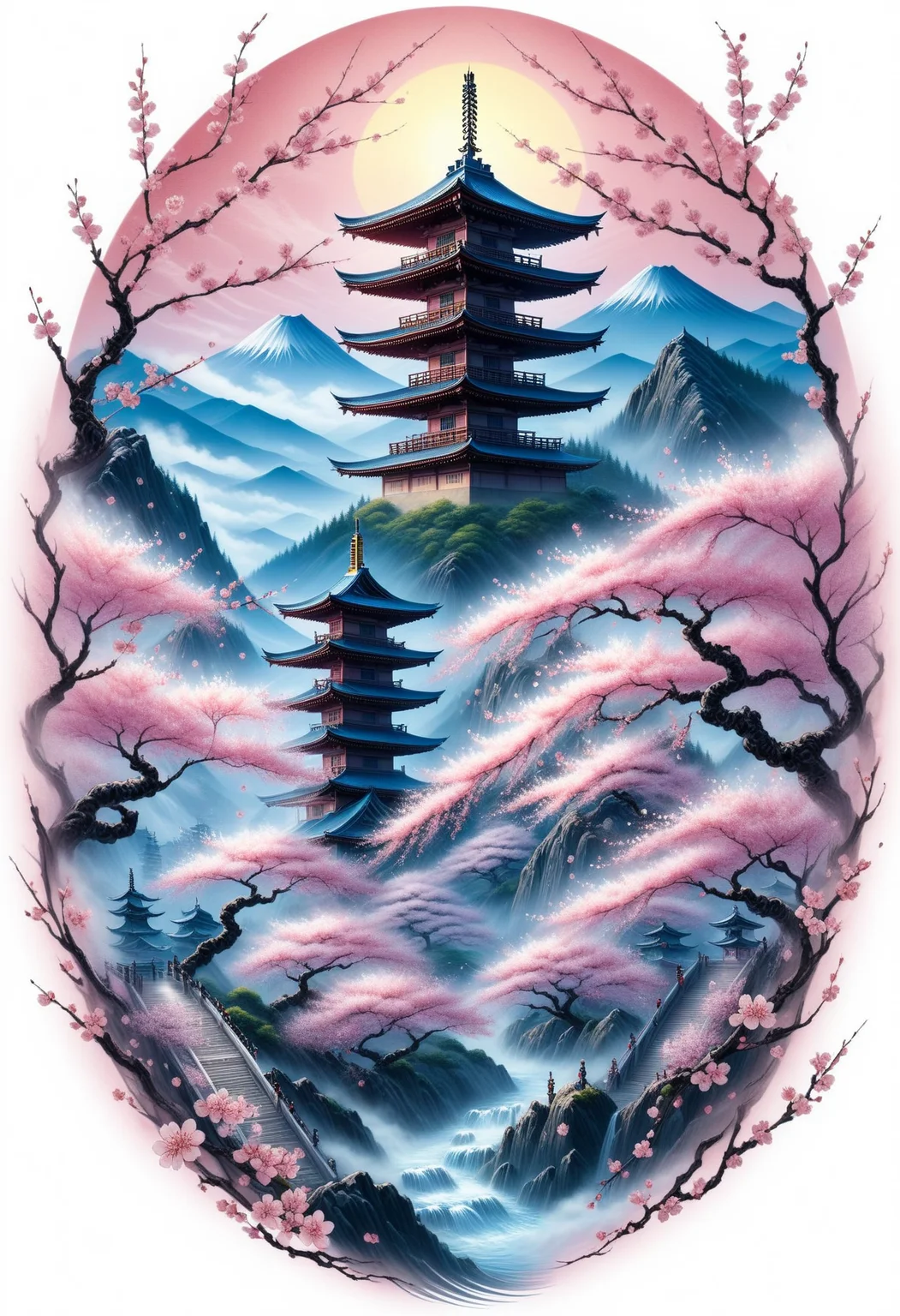 masterpiece, best quality, <lora:EPIrezumiWorldSDXL_epoch_5:1.2>, EPIrezumiWorld, cherry blossoms, tattoo, irezumi, an ethereal city hidden in the mists of a mystical mountain