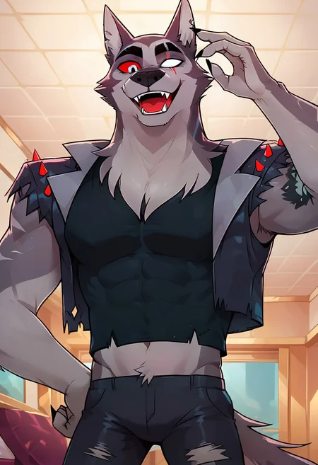 SCORE_9, SCORE_8_UP, SOURCE_ANIME, REALISTIC, BREAK, 1MALE, TEX, FACE FOCUS, LAYING BACK, FROM BELOW, LOOKING DOWN, CLOSE UP, PORTRAIT, FRONT VIEW, FURRY, GREY FUR, (SCAR ACROSS EYE), (BLANK GLASS EYE), RIGHT EYE SILVER, RIGHT RED SCLERA, EAR SLITS, TANK TOP, SPIKED LEATHER VEST, BLACK VEST, RIPPED JEANS, WOLF TAIL, ARM TATTOO, LAUGHING, MOUTH OPEN, FANGS, HANDS ON HEAD, BREAK, IN HOTEL ROOM, ON BED, HIGH RESOLUTION, VIVD TEXTURES