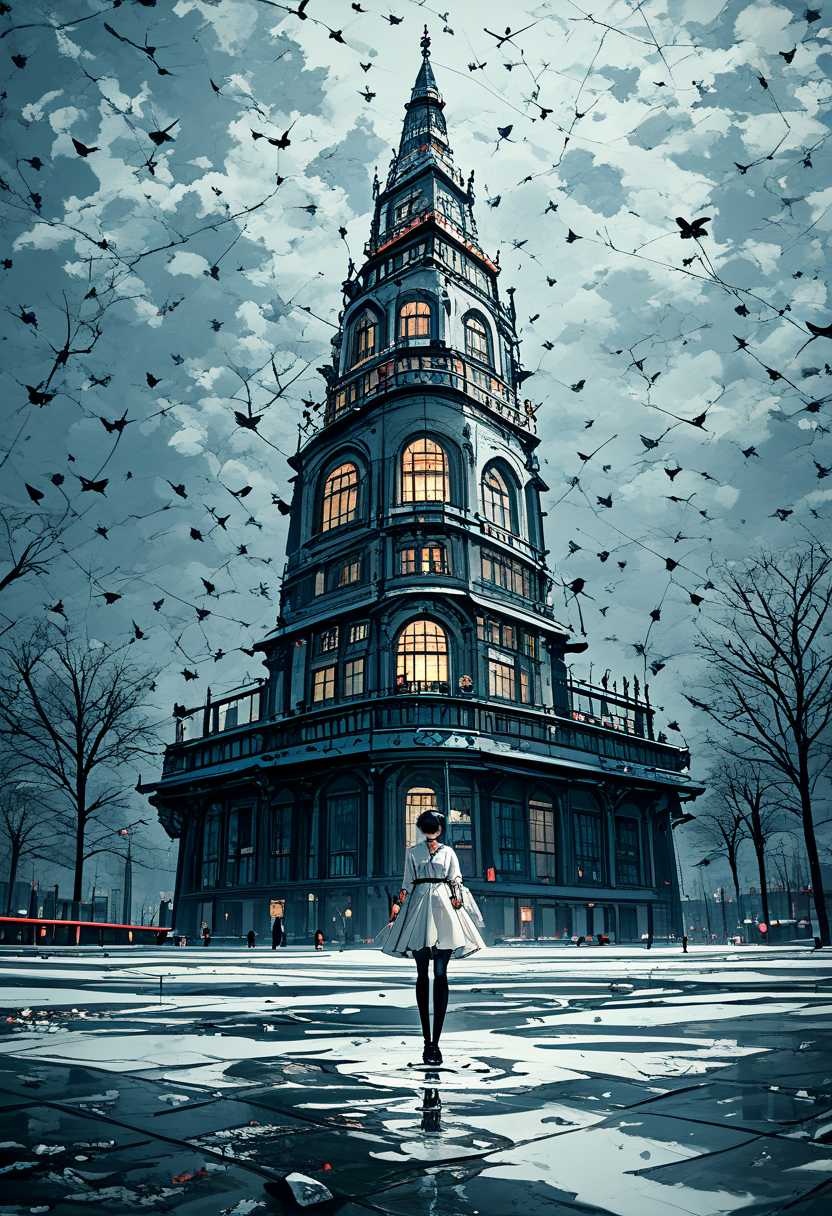(mjv3:1.5), score_9, score_8_up, score_7_up, source_anime, 1girl, solo, standing on puddle, black hair, black cat, steel tower, best quality, masterpiece, amazing quality, best aesthetic, absurdres, <lora:mjv3_pony-2:1>