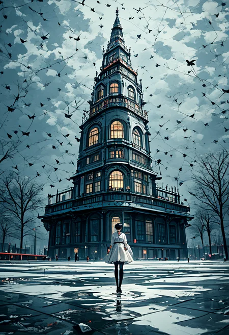 (mjv3:1.5), score_9, score_8_up, score_7_up, source_anime, 1girl, solo, standing on puddle, black hair, black cat, steel tower, best quality, masterpiece, amazing quality, best aesthetic, absurdres, <lora:mjv3_pony-2:1>