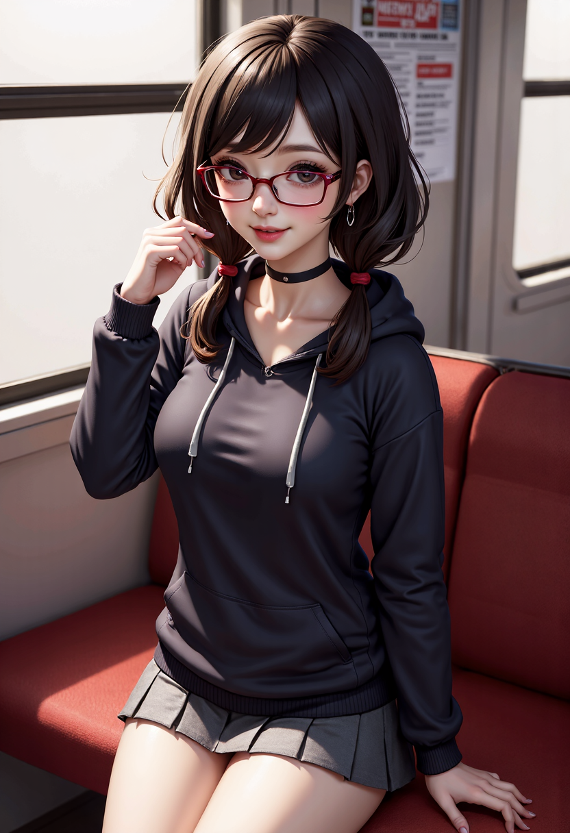 <lora:FLUX\Flux Anime\Ms. Hendricks.safetensors:1.0>, high_quality, highres, detailed_eyes, beautiful, detailed, masterpiece, best quality, absurdres, 8k, 
BREAK,
1girl, blush, retro, grunge, beautiful face, art, light smile, looking at viewer, blush, choker, nababa style, flat chest, eyelashes, blush, black hair, low twin tails, eyeglasses,
masterpiece, best quality, black hoody, baggy clothes, short pleated skirt, very short skirt, leg warmers, microskirt, miniskirt, grey skirt
BREAK, train interior, upskirt, sitting, excessive pubic hair, no panties, skinny