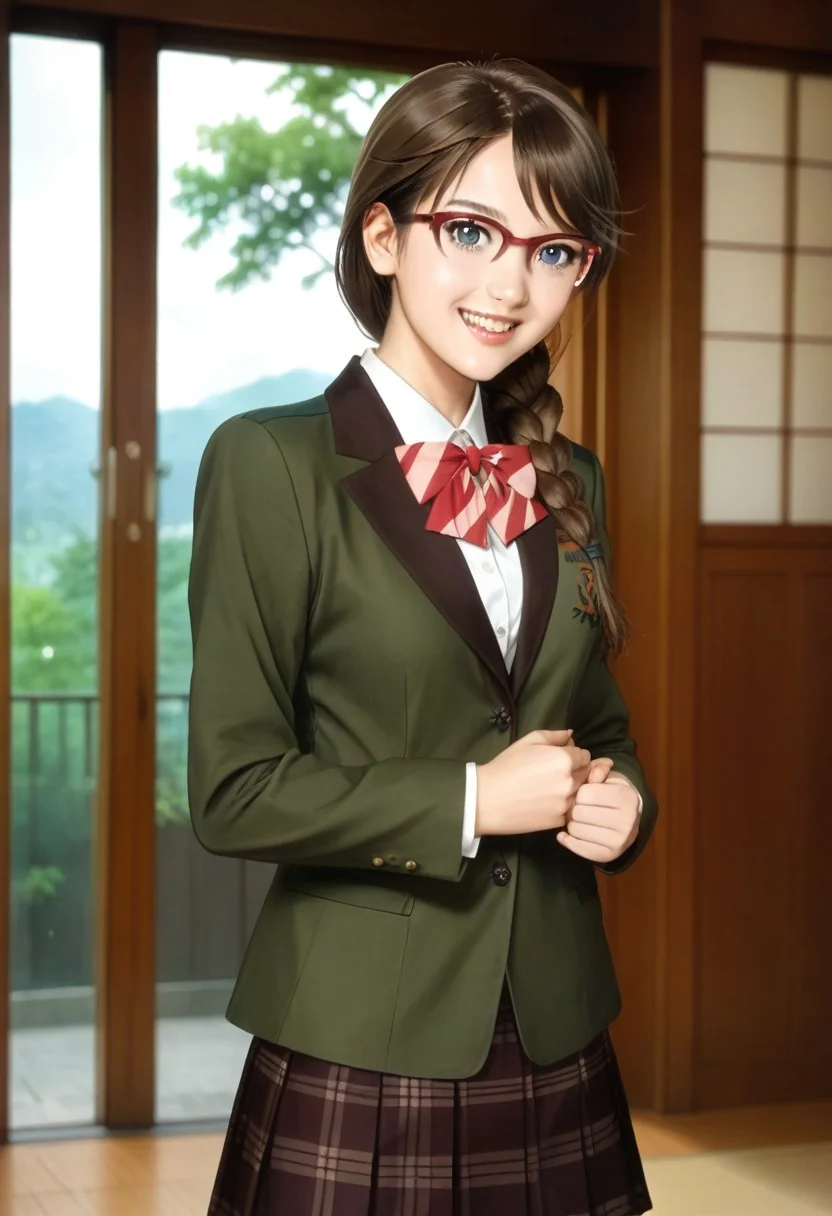 japanese castle, japanese traditional park, (photo realistic, japanese girl), ( hasegawa_hinako, 1girl, pantyhose, glasses, skirt, braid, brown hair, blue eyes, hair over shoulder, school uniform, single braid, shoes, jacket, blazer, long hair, pleated skirt, plaid skirt, looking at viewer), open mouth, looking at viewer, 1girl, (alone), best quality, cowboy shot, seductive smile, large breast, Overall Detail, (slim, standing, looking at viewer, young-adult, one hand on waist, contrapposto) realistic hands, bare thigh, handfixer, cheerful, adorable, tony taka,