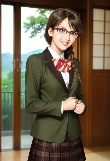 japanese castle, japanese traditional park, (photo realistic, japanese girl), ( hasegawa_hinako, 1girl, pantyhose, glasses, skirt, braid, brown hair, blue eyes, hair over shoulder, school uniform, single braid, shoes, jacket, blazer, long hair, pleated skirt, plaid skirt, looking at viewer), open mouth, looking at viewer, 1girl, (alone), best quality, cowboy shot, seductive smile, large breast, Overall Detail, (slim, standing, looking at viewer, young-adult, one hand on waist, contrapposto) realistic hands, bare thigh, handfixer, cheerful, adorable, tony taka,