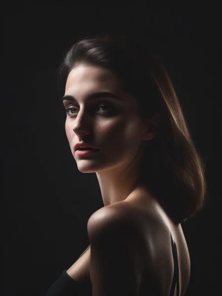 masterpiece portrait of a young woman, Profile pose,
sexy pudica pose gesture,
chiaroscuro portrait,
matte painting portrait shot,
Dark portrait,
 standing in the middle of a black background,
graceful body structure, two tone lighting, octane, unreal, to8contrast style