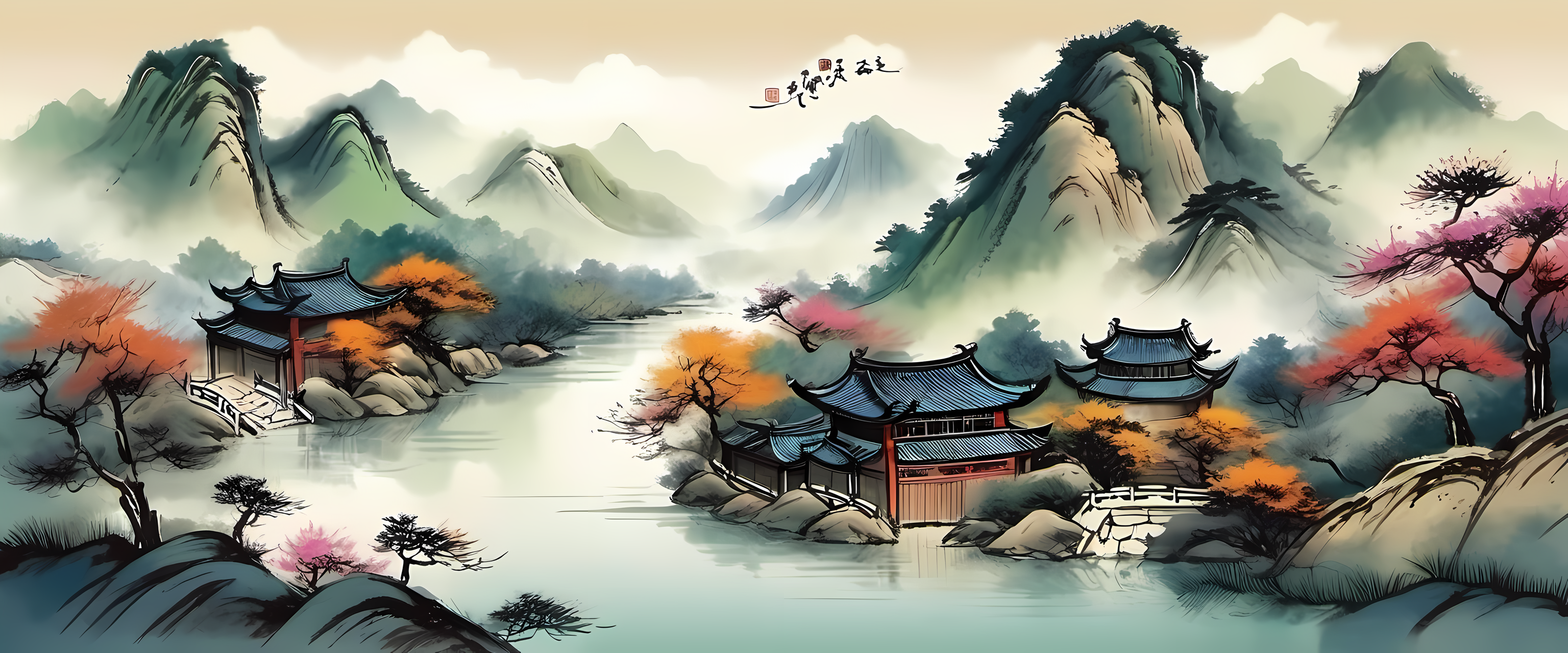 A small river is in front of the mountain, chinese ancient, ink style, <lora:ink-xl-v1:0.8>
