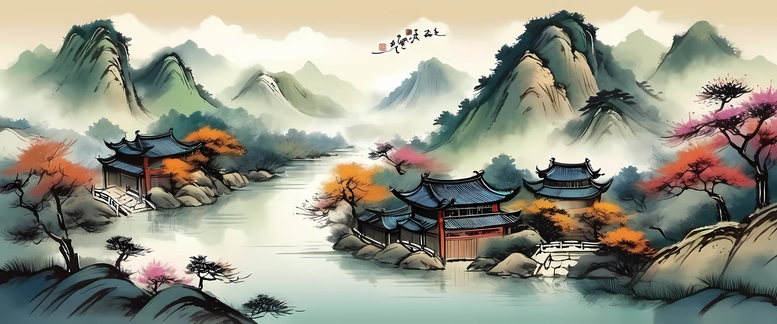 A small river is in front of the mountain, chinese ancient, ink style, <lora:ink-xl-v1:0.8>