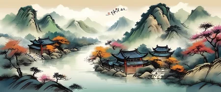 A small river is in front of the mountain, chinese ancient, ink style, <lora:ink-xl-v1:0.8>