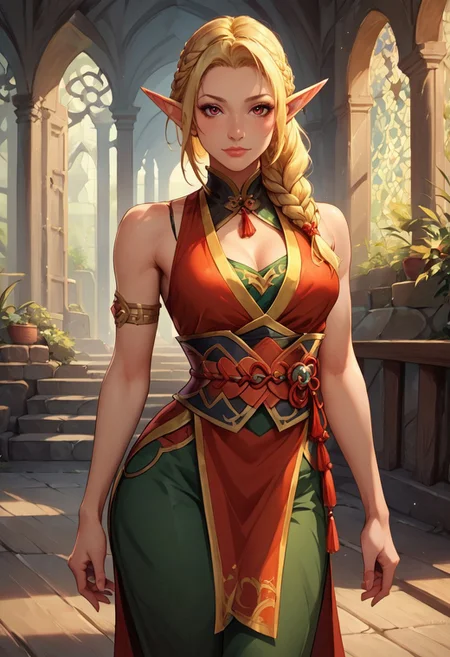 score_9, score_8_up, score_8, 1girl, solo, elf girl, fair skin, long golden blonde hair, braid, medium breast, fantasy kunoichi archer, standard black kunoichi attire, sleeveless garment, a red obi wrapped around her waist, pants that have openings around her thighs, blouse noticeably kept slightly opened, showing off most of her cleavage, fantasy dungeon background, detailed colours, cinematic light, fully coloured, volumetric lighting
