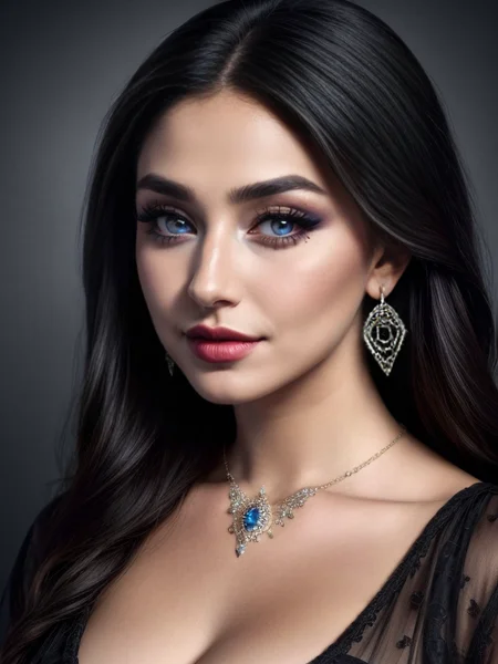 RAW, best quality, ultra-detailed, masterpiece, finely detail, high res, 8k wallpaper, best quality, highres, Photorealistic, detailed beautiful faces, nsfw, uncensored, (face:1.1),
<lora:more_details:0.75>,<lora:LowRA:0.3>, kkw-ph1, OverallDetail,, <lora:RenBlk1:1>, Renblk1, renada, 1girl, solo, jewelry, earrings, mole, black hair, dress, long hair, black dress, hoop earrings, tattoo, looking at viewer, nail polish, red nails, blue eyes, ring, lips, makeup, thick eyebrows, (mole under eye:1.1), eyeshadow, eyelashes, long dress, necklace, lipstick, lips, lipstick mark, grey eyes, mole, (mole under mouth:1.1),