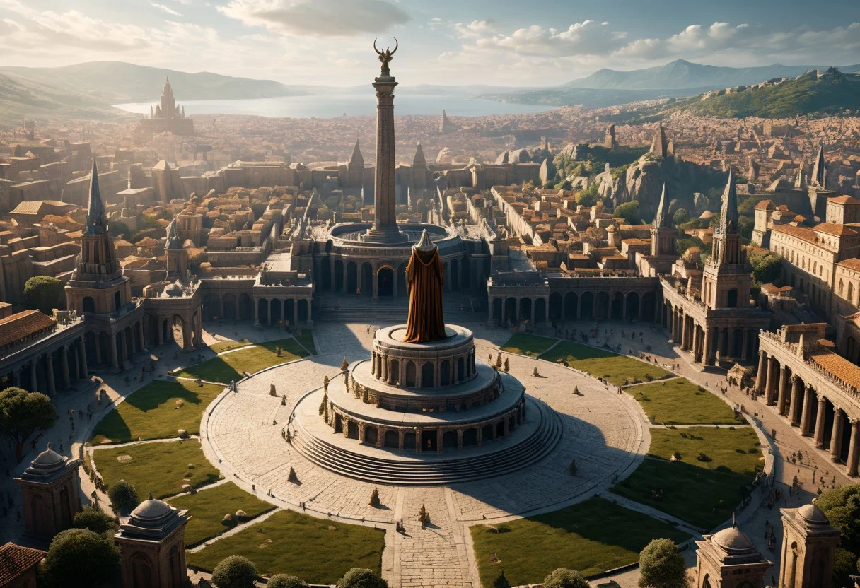 photo, photorealistic, A grand  pagan monument of a goddess in the central square, with one hand raised high in the sky, on a clear weather day, surrounded by numerous people, high quality, 