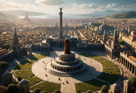 photo, photorealistic, A grand pagan monument of a goddess in the central square, with one hand raised high in the sky, on a clear weather day, surrounded by numerous people, high quality,