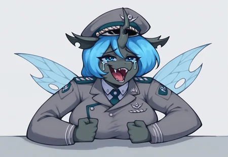safe_pos, masterpiece, score_9_up, score_8_up, score_7_up, score_6_up, (best quality:1.1), ultra-detailed, high resolution, solo, Carolina Phymata, changeling oc, female, mlp, anthro, gray skin, short blue mane, blue eyes, eyebrows, blue insect wings, single horn, ears, sharp teeth, big breasts, narrow waist, military uniform, military patches, peaked cap, busty BREAK <lora:Wheeze_XLPD:0.8> Wheeze, open mouth, tears, laughing, hand on table, english text, clenched hand BREAK expressiveh, simple background, highly visible, sharp focus, anatomically correct, highly visible, sharp focus